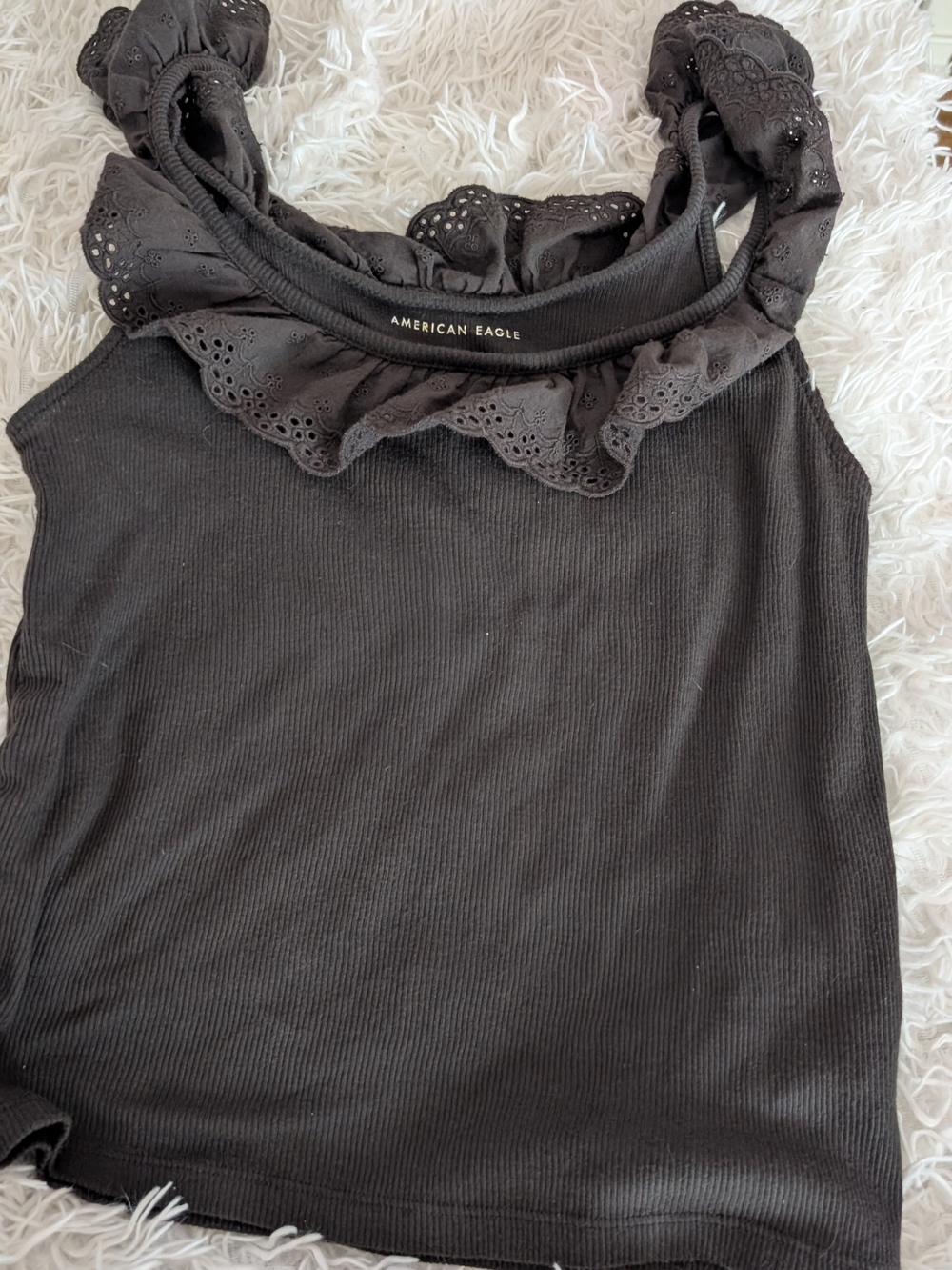 American Eagle Outfitters Grey Eyelet Ruffle Neck Tank Size M